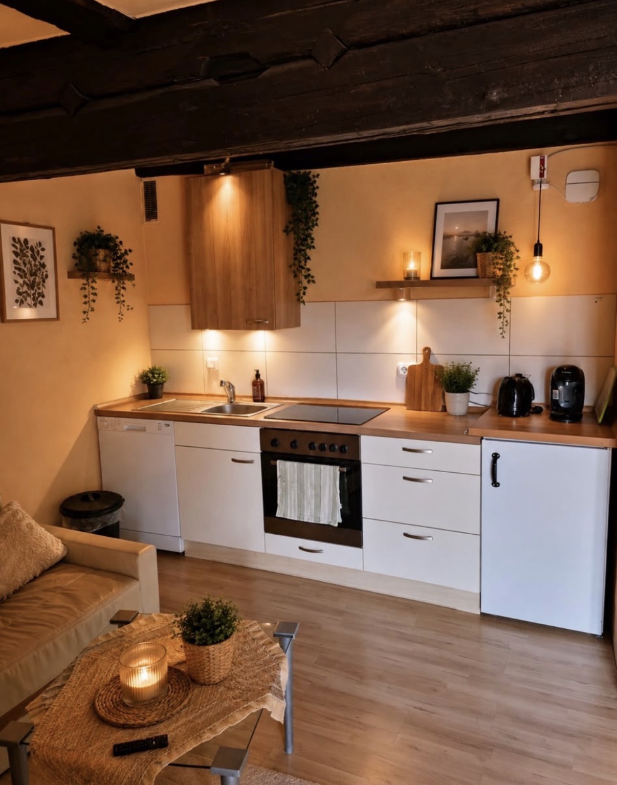 Küche mit Sitzecke und Holzbalken