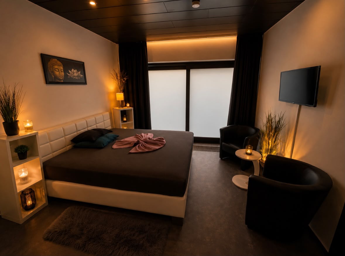 Schlafzimmer mit Sesselecke und TV