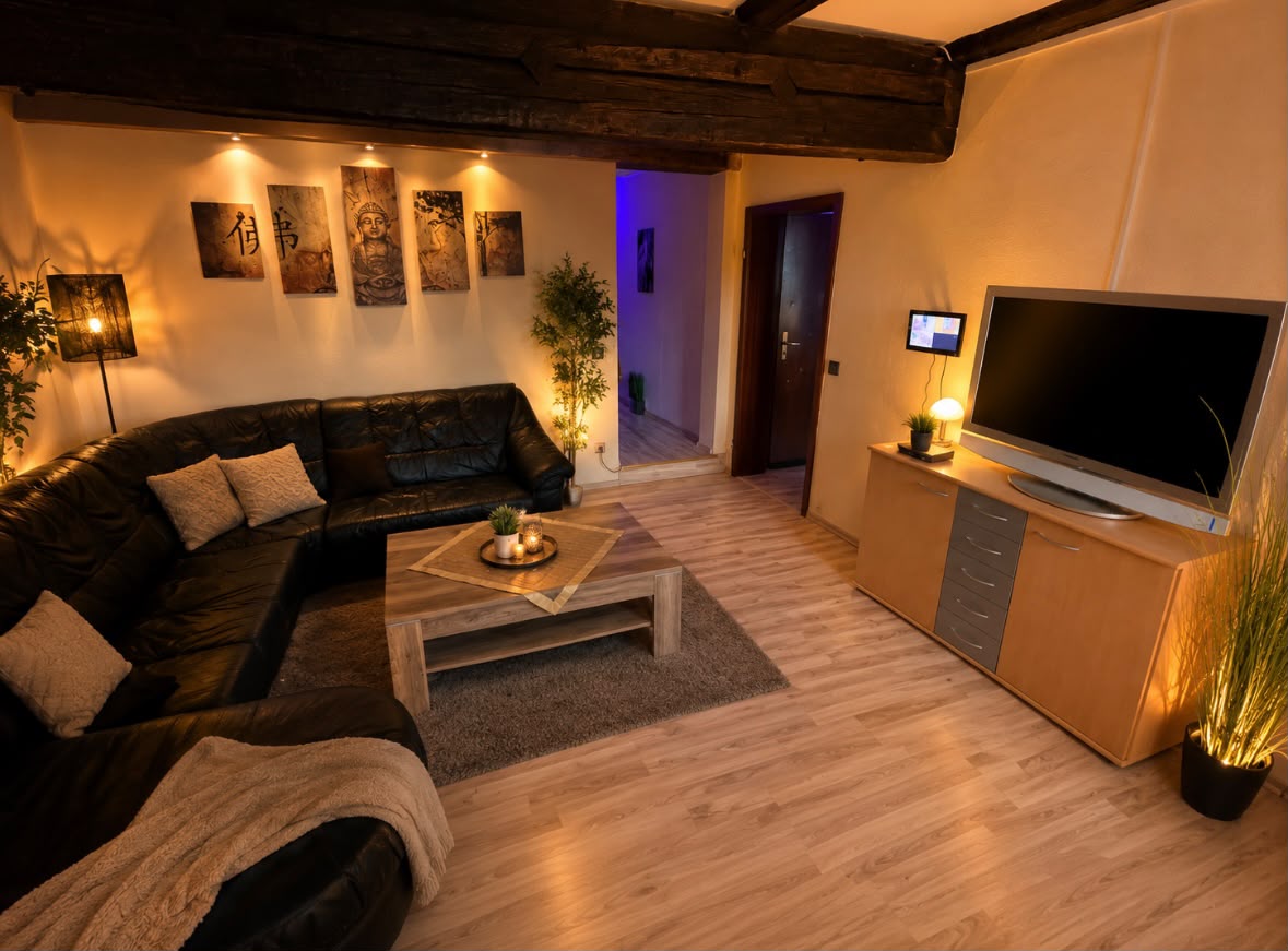 Wohnbereich mit Ledersofa und TV