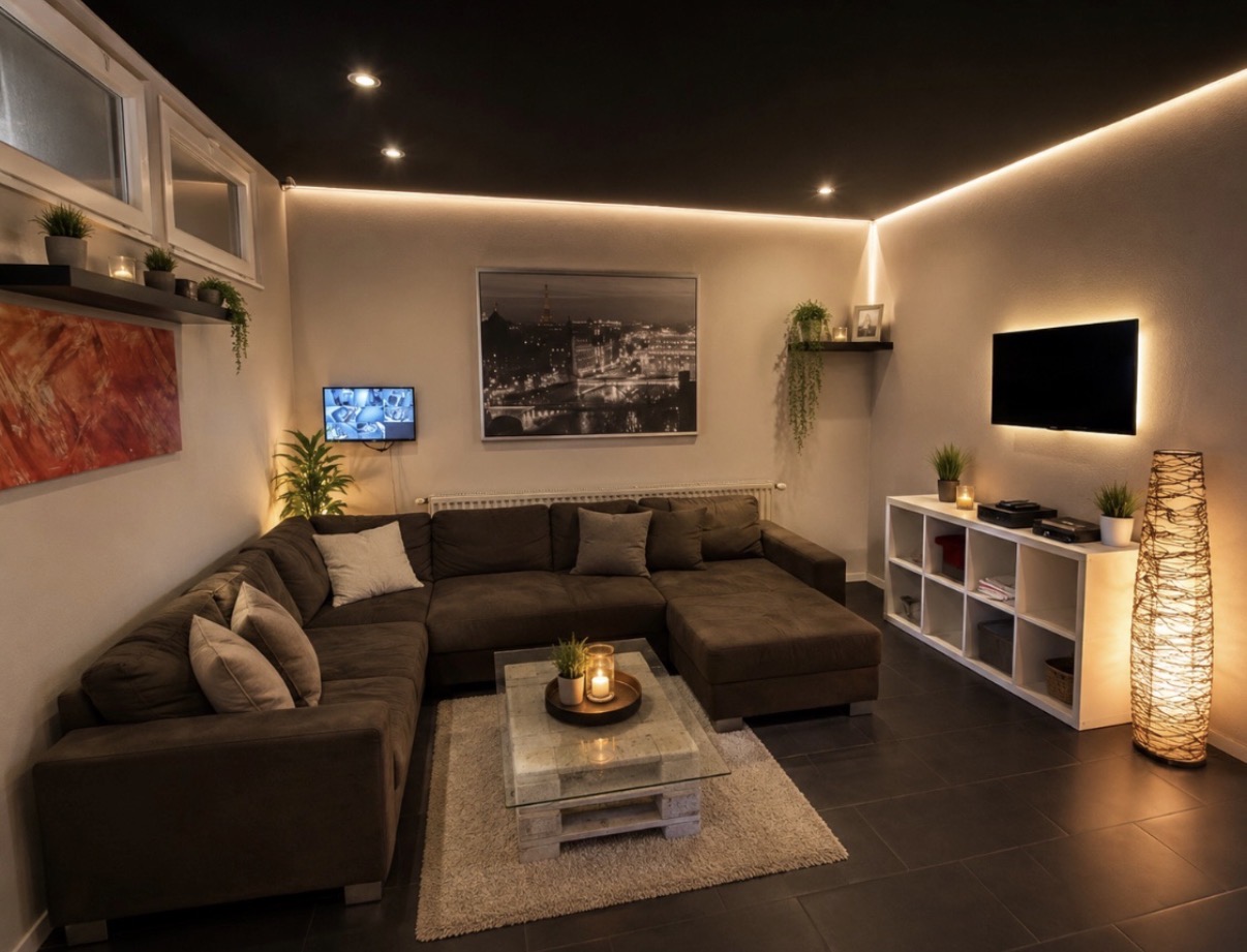 Wohnbereich mit Ecksofa und Ambientelicht
