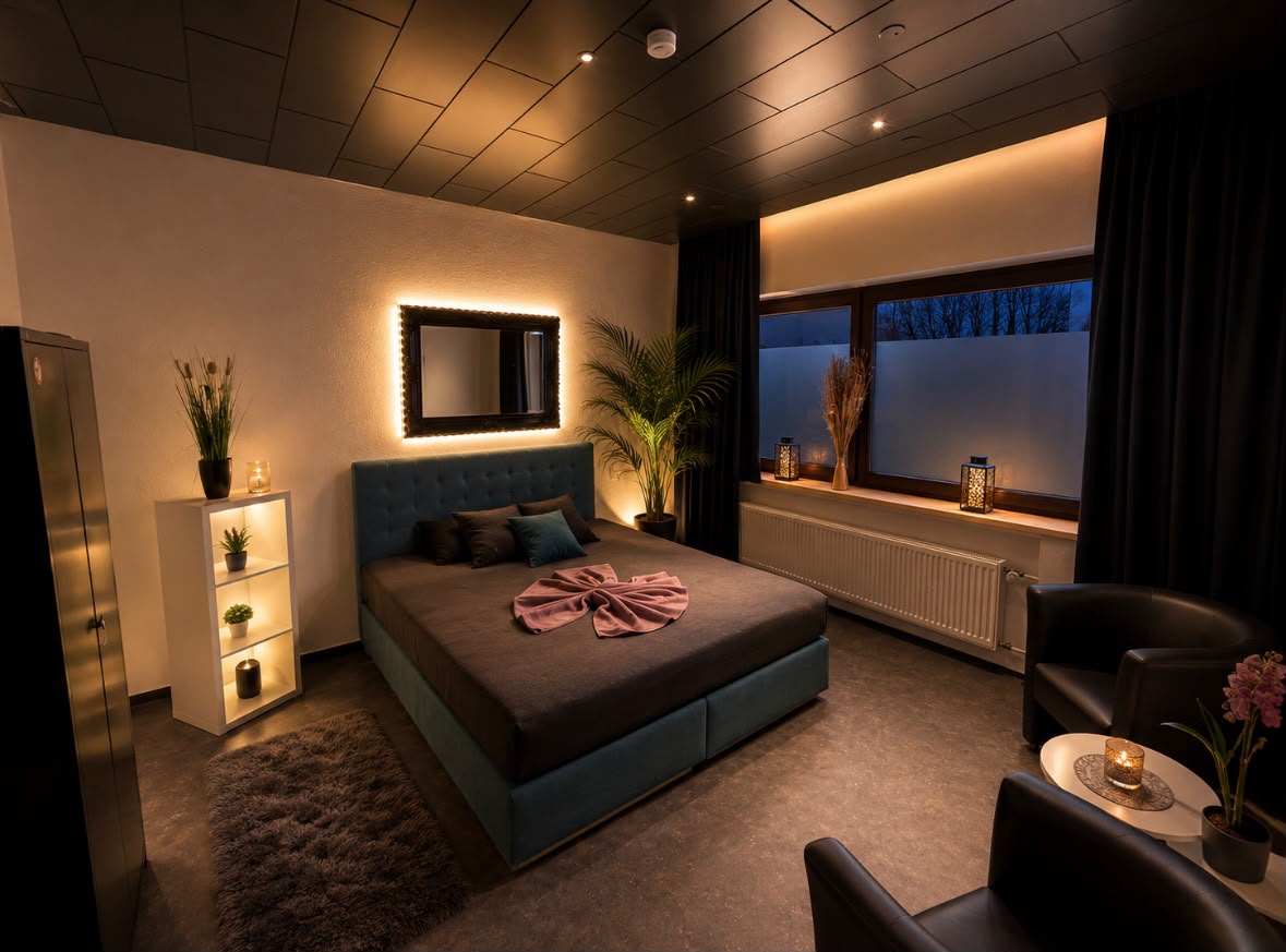 Schlafzimmer mit beleuchtetem Spiegel