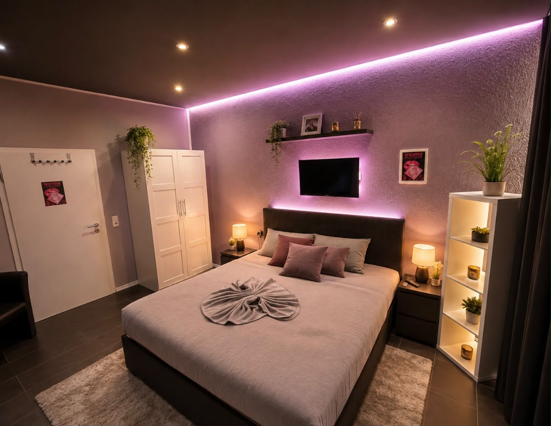 Schlafzimmer mit TV und LED-Licht