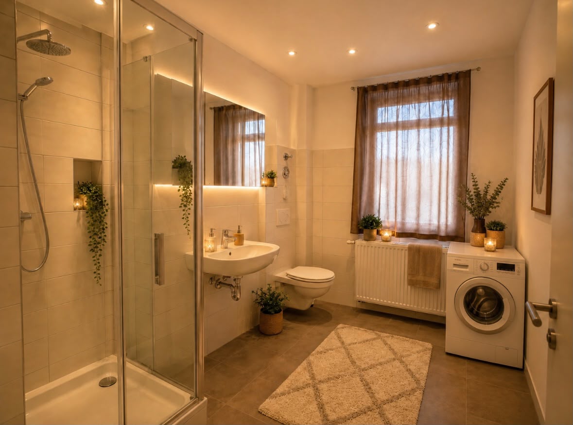 Badezimmer mit Dusche und Waschmaschine