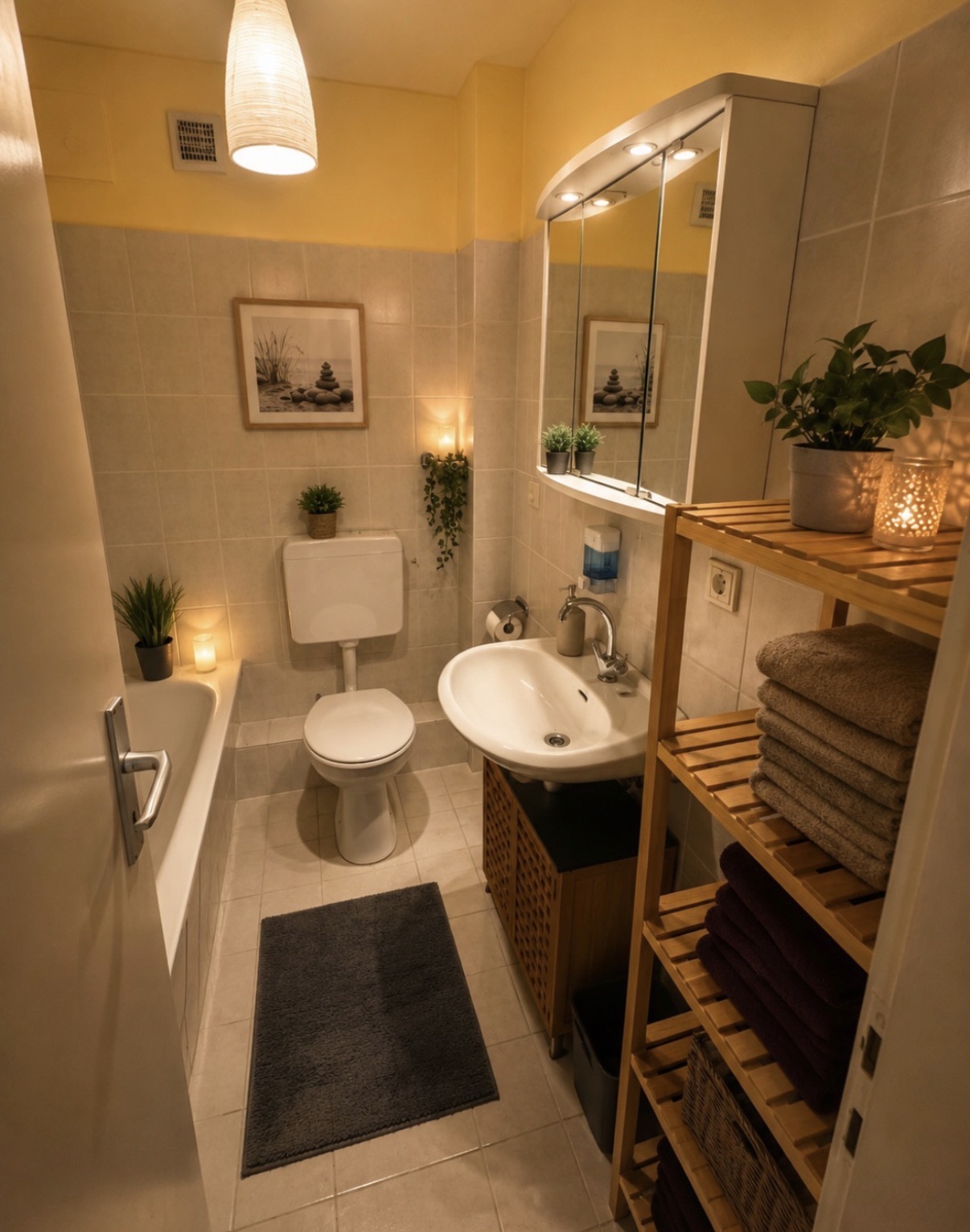 Badezimmer mit Badewanne und Holzregal