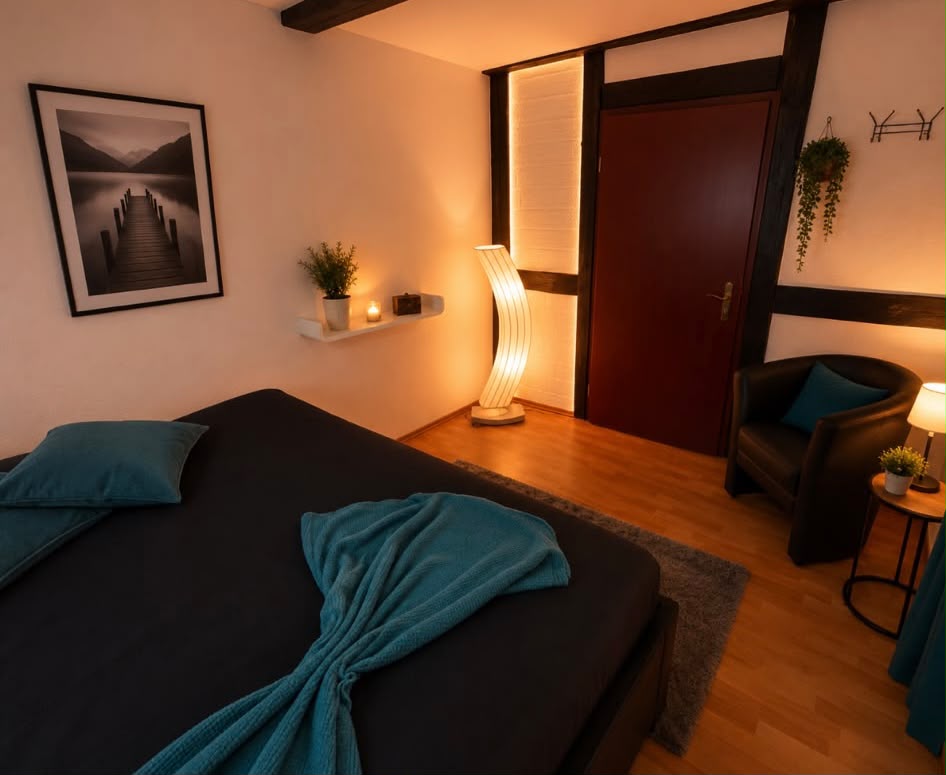 Schlafzimmer mit Fachwerkbalken