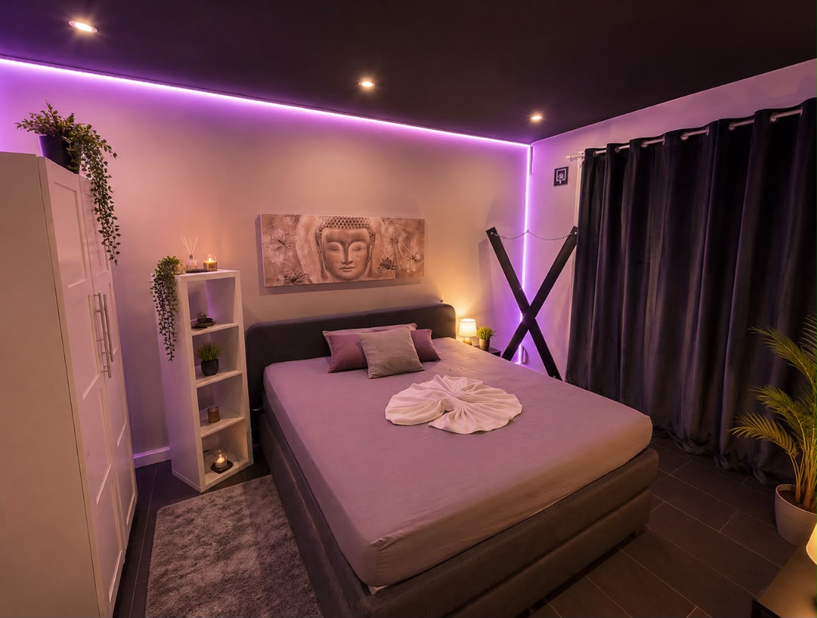 Schlafzimmer mit violettem LED-Licht