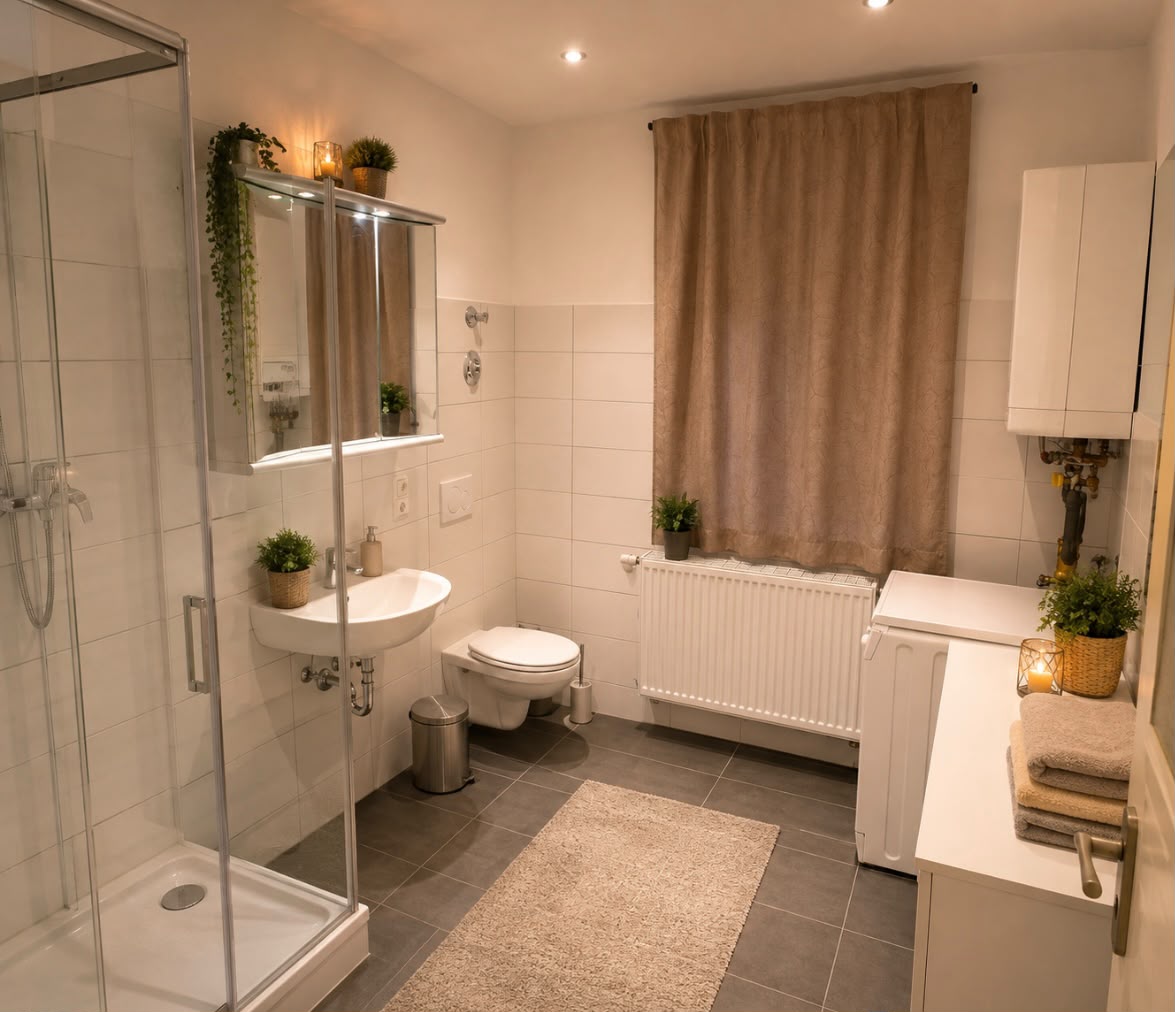 Badezimmer mit Dusche und Waschmaschine